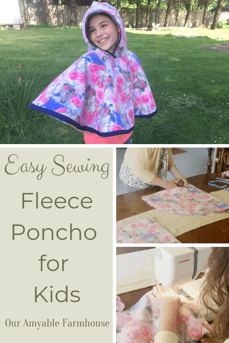 Girl with hooded poncho. Easy Sewing Fleece Poncho for Kids. Cutting out a poncho from fleece fabric. Sewing a simple seam.