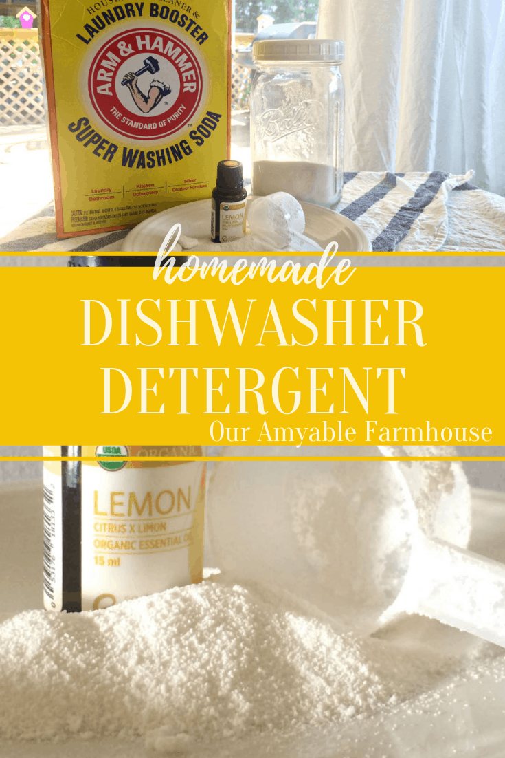 Washing soda, glass jar of detergent ingredients, lemon essential oil. Homemade Dishwasher Detergent. Our Amyable Farmhouse. Lemon essential oil, detergent powder, scoop.