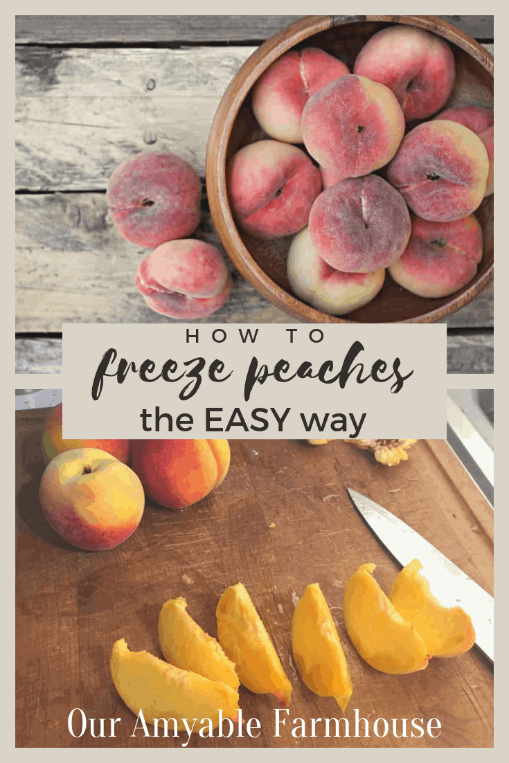 Bowl of peaches on a table. How to freeze peaches the easy way. Sliced peaches. Our Amyable Farmhouse.