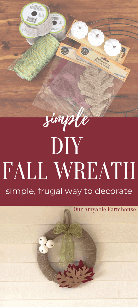 Fall inspired ribbons, pumpkins, and die-cut leaves. Simple, DIY Fall Wreath. Simple, frugal way to decorate. Our Amyable Farmhouse.