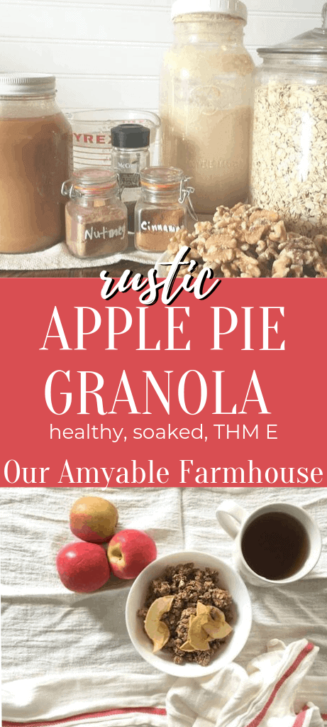 Granola ingredients: rolled oats in glass jar; sourdough starter; spices; walnuts; applesauce. Rustic Apple Pie Granola. Healthy, soaked, THM E. Our Amyable Farmhouse. Bowl of apple pie granola with red apples and cup of tea.