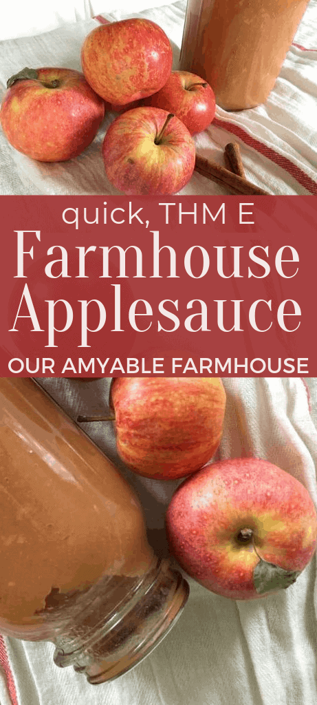 Group of Gravenstein apples, cinnamon sticks, and a jar of applesauce. Quick, THM E Farmhouse Applesauce. Our Amyable Farmhouse. Close up of apples and applesauce.