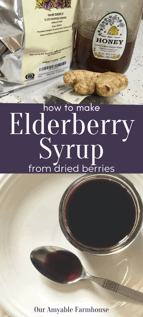 Bulk ingredients of dried elderberries, honey, ginger root, and cloves. How to make elderberry syrup from dried berries. White plate with a glass jar and spoonful of homemade elderberry syrup. Our Amyable Farmhouse.