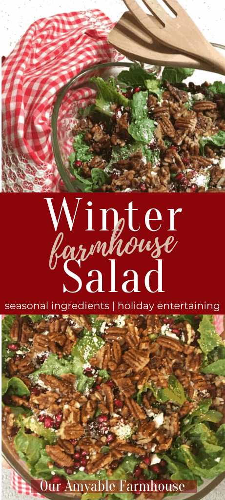 Winter salad with greens, pecans, pomegranates, and feta. Farmhouse Winter Salad using seasonal ingredients for holiday entertaining. Our Amyable Farmhouse.