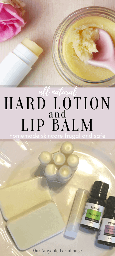 How to make hard lotion bars and lip balm. An easy recipe to make all natural skin care at home and frugal. Our Amyable Farmhouse.