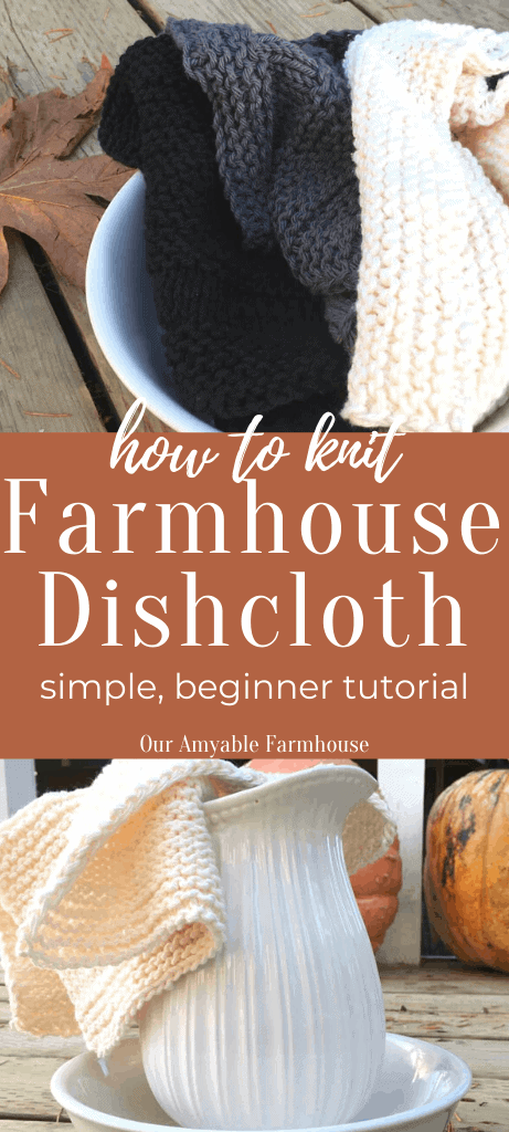 Picture of three knit dishcloths. How to knit farmhouse dishcloth; simple, beginner tutorial. Our Amyable Farmhouse.