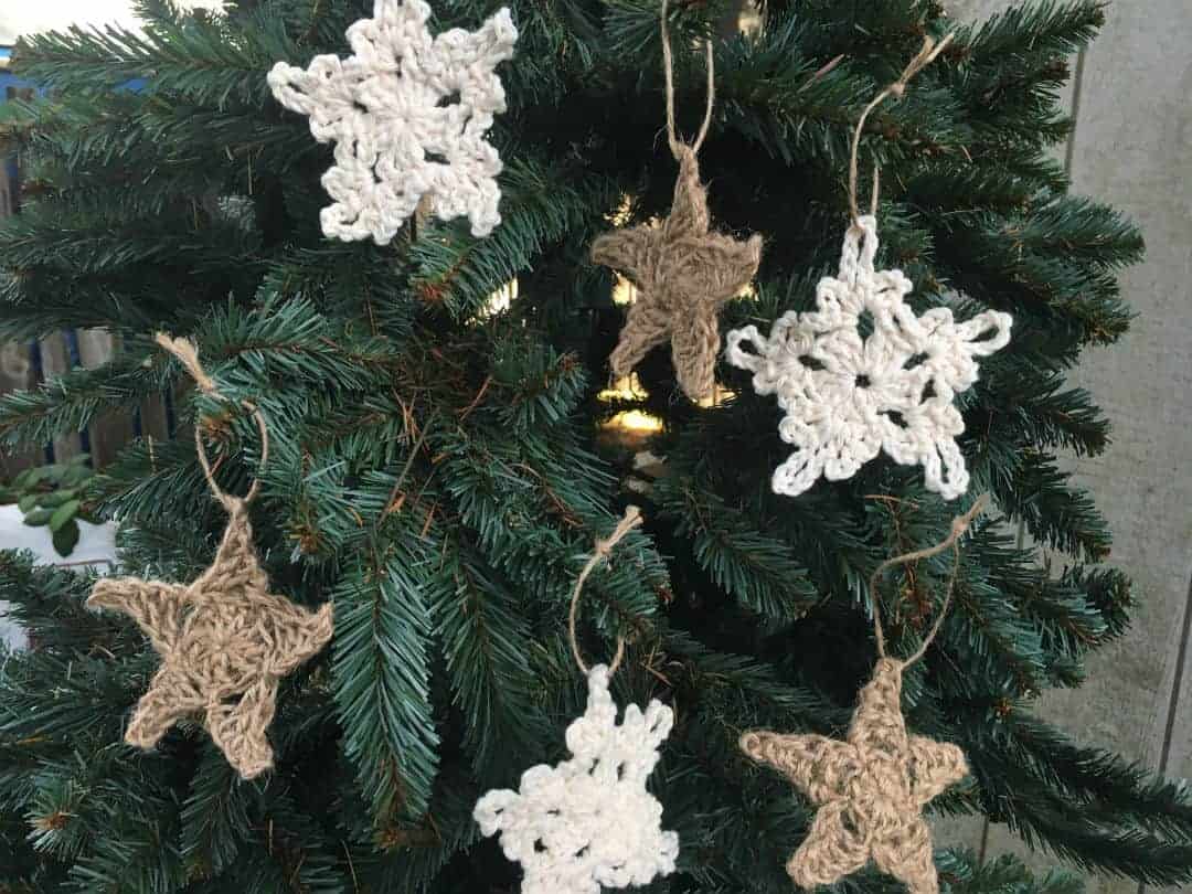 rustic crocheted ornaments stars and snowflakes