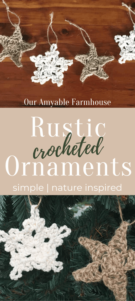 Rustic Crocheted Ornaments for your Christmas tree. A simple crochet tutorial inspired by nature. Our Amyable Farmhouse.
