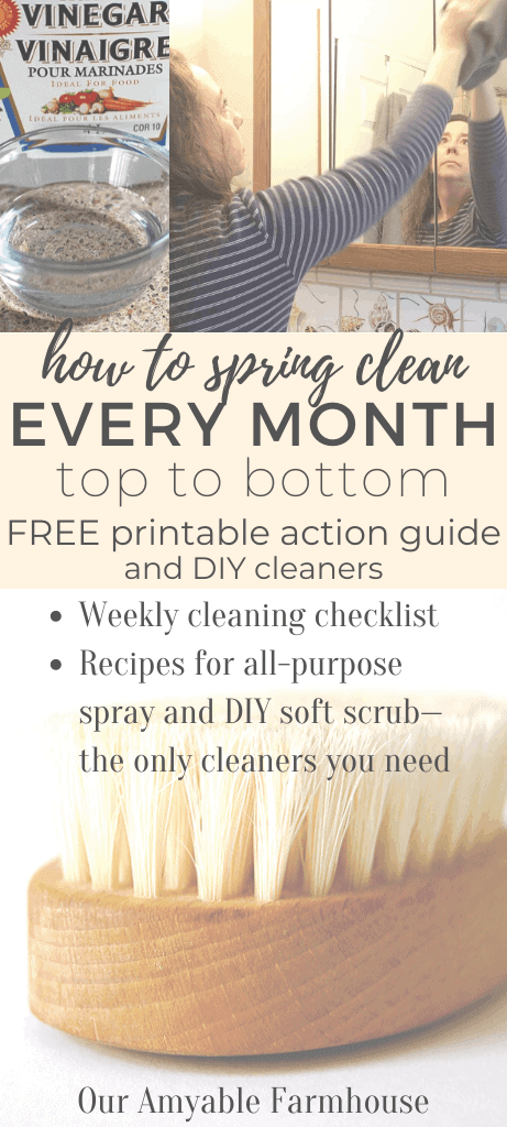 How to spring clean every month top to bottom. FREE printable action guide and DIY cleaners. Our Amyable Farmhouse.
