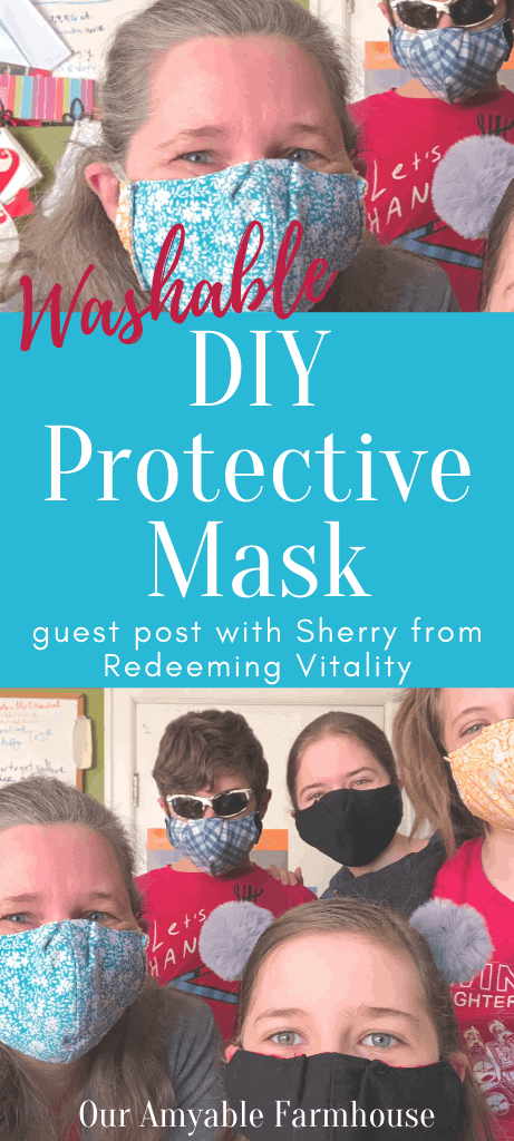 Washable DIY protective mask guest post with Sherry from Redeeming Vitality. FREE pattern. Picture of people wearing the DIY protective masks.