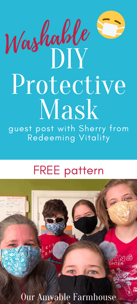 Washable DIY protective mask guest post with Sherry from Redeeming Vitality. FREE pattern. Picture of people wearing the DIY protective masks.