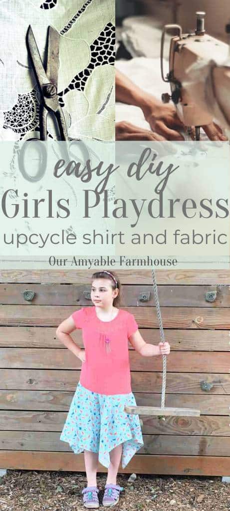 A picture of antiques scissors on fabric. A picture of hands at a sewing machine. Easy DIY girls playdress. Upcycle shirt and fabric. Our Amyable Farmhouse. Picture of a girl wearing a playdress in salmon and mint colors.