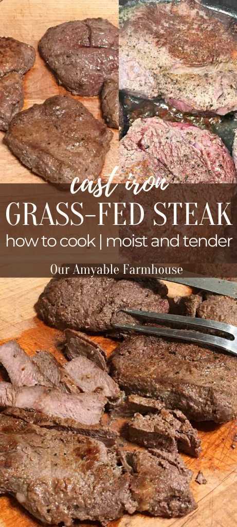 Cooked steak resting. Steak searing. Sliced steak on wood cutting board. Cast iron grass-fed steak. How to cook moist and tender. Our Amyable Farmhouse.