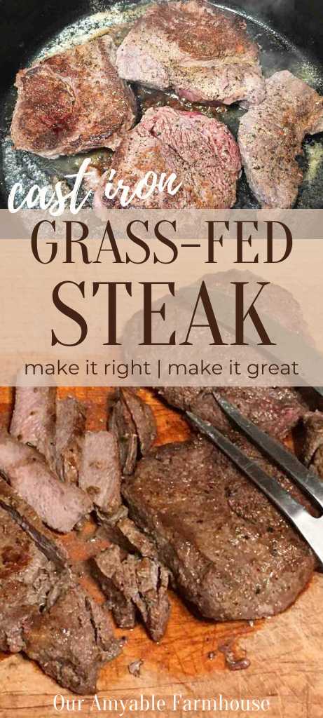 Grass-fed steak searing in cast iron. Grass-fed steak. Make it right, make it great. Our Amyable Farmhouse.