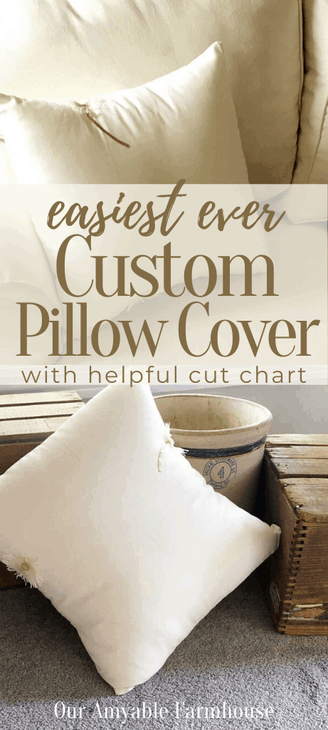 Pillow on couch with custom sewn cover. Easiest ever custom pillow cover with helpful cut chart. Creamy white custom farmhouse pillow with backdrop of rustic apple boxes and pickling crock. Our Amyable Farmhouse.