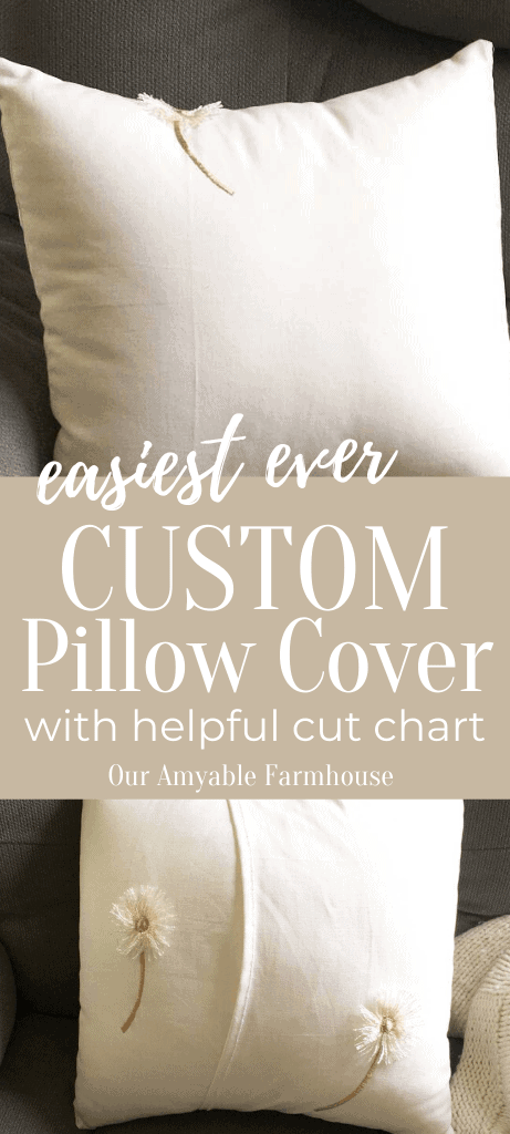 Creamy white pillow with custom sewn cover. Easiest ever custom pillow cover with helpful cut chart. Our Amyable Farmhouse. Envelope style back pillow cover.