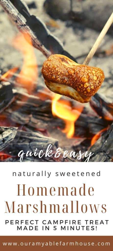 Roasting a marshmallow over campfire. Quick and easy naturally sweetened Homemade Marshmallows. Perfect campfire treat made in 5 minutes! Our Amyable Farmhouse.