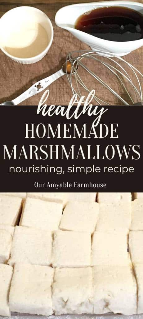 Picture of marshmallow ingredients and tools. Healthy homemade marshmallows. Nourishing, simple recipe. Our Amyable Farmhouse. Picture of homemade marshmallows cut into squares.