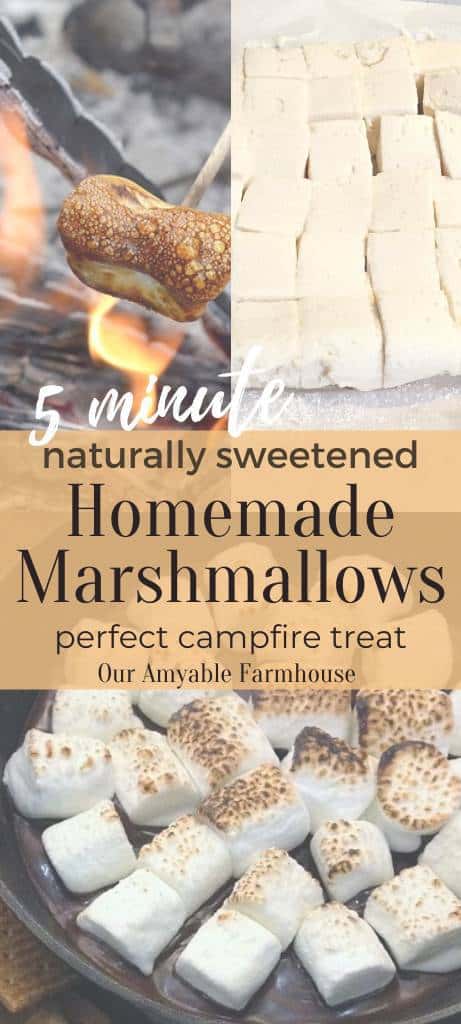 Pictures of roasting marshmallows and sliced homemade marshmallows. 5 minute naturally sweetened homemade marshmallows. Perfect Campfire Treat. Our Amable Farmhouse. Picture of toasted marshmallows on a bed of melted chocolate in a cast iron skillet with a side of graham crackers.