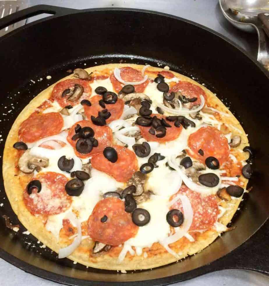 simple meal planning sourdough pizza in cast iron skillet