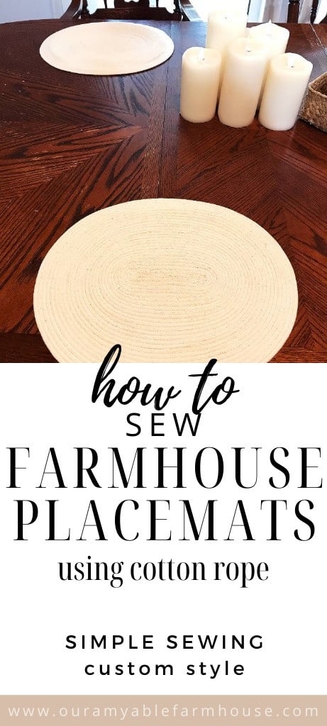 Placemats set on a wood table. How to sew farmhouse placemats using cotton rope simple sewing custom style. Our Amyable Farmhouse.