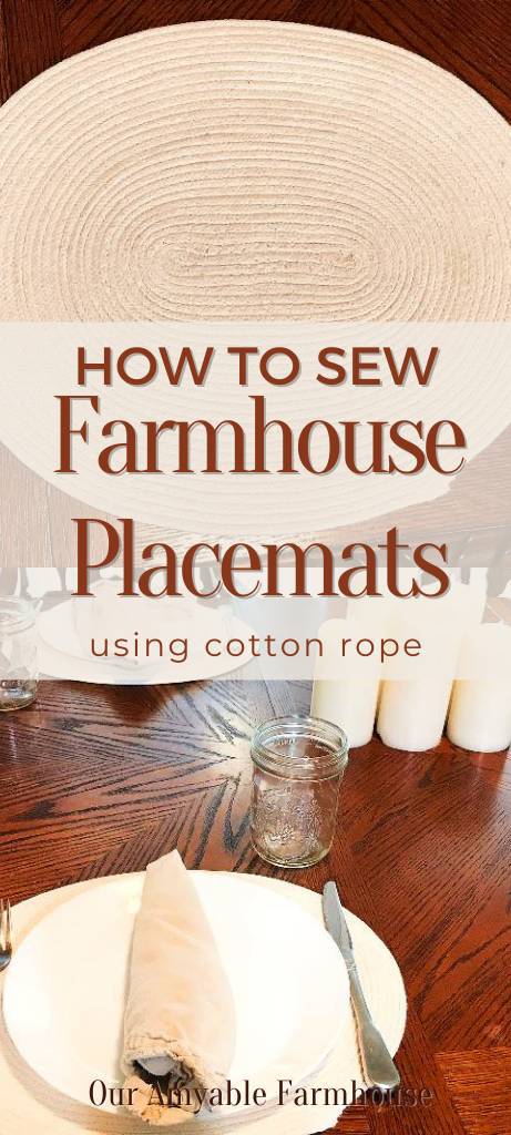Picture of a placemat made from cotton rope. How to sew farmhouse placemats using cotton rope. Picture of a table with candles and place settings using rope placemats. Our Amyable Farmhouse.