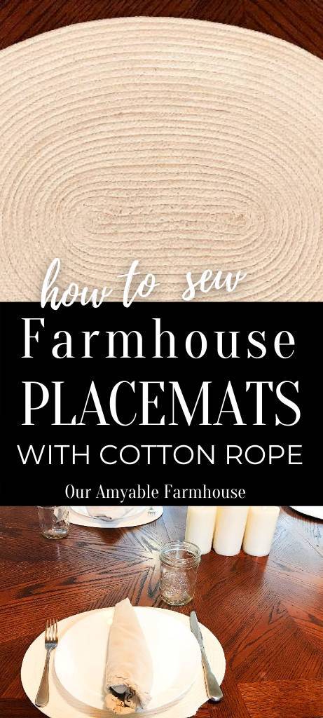 Picture of a placemat made from cotton rope. How to sew farmhouse placemats with cotton rope. Our Amyable Farmhouse. Picture of a table with candles and place settings using rope placemats.
