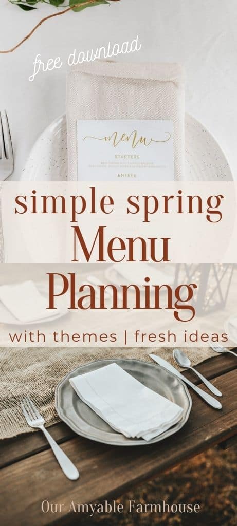 Picture of place setting with menu card. Free download. Simple spring menu planning with themes | fresh ideas. Picture of rustic place settings on picnic table. Our Amyable Farmhouse.