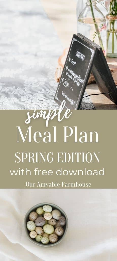 Picture of white laced table, greenery in vase, and a menu placard. Simple meal plan spring edition with free download. Our Amyable Farmhouse. Picture of top view bowl of spring speckled eggs.