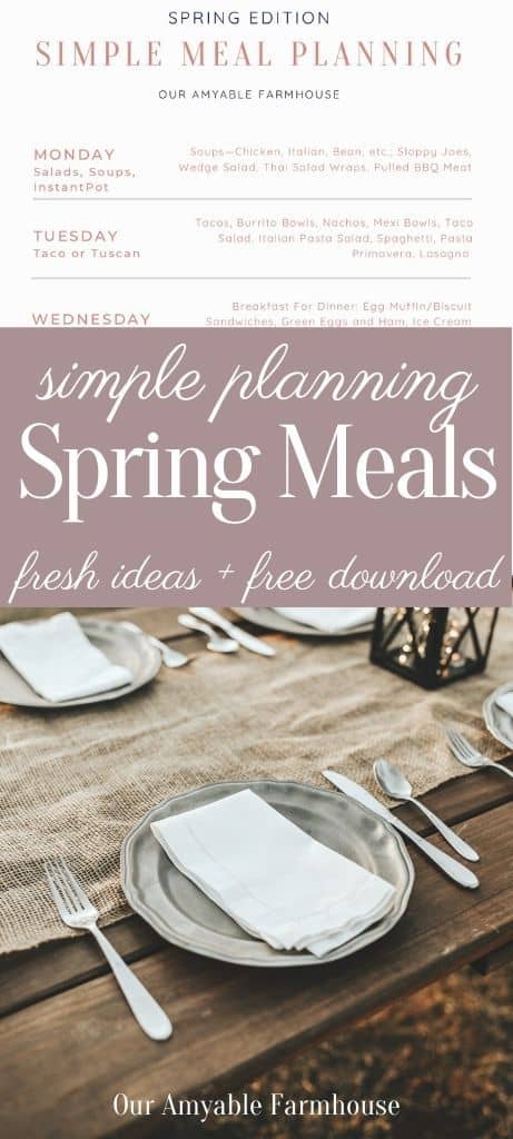 Picture of example spring menu planning download. Simple planning spring meals. Fresh ideas + free download. Picture of wood picnic table outdoors set with rustic place settings, burlap table runner, and lantern. Our Amyable Farmhouse.