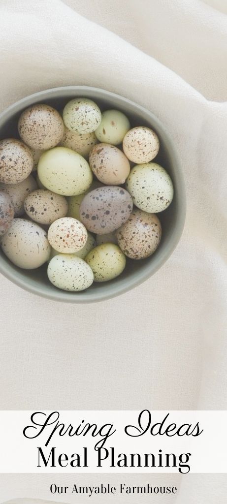 Picture of top down view of a bowl of speckled farm fresh eggs in various pastel colors arranged in a grey bowl set against white linen fabric. Spring ideas meal planning. Our Amyable Farmhouse.